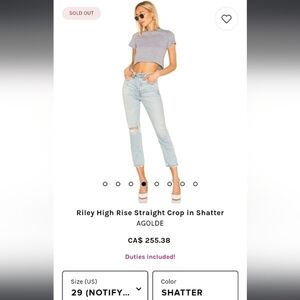 Agolde Riley high rise straight crop‎ jeans in Shatter color,29